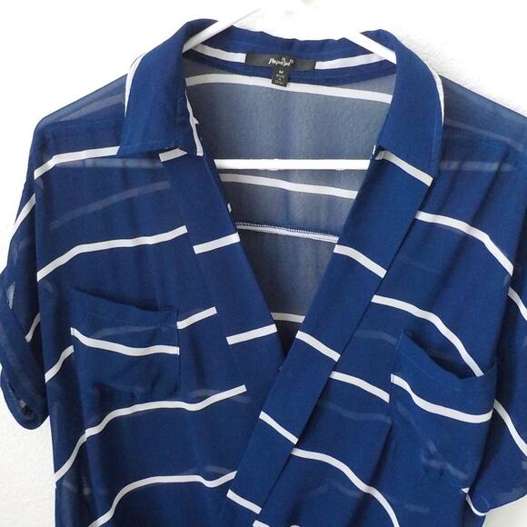 Papaya Blue Stripes Wrap Top Blouse High Low Hem Women size Medium Sheer Coastal - Picture 5 of 10